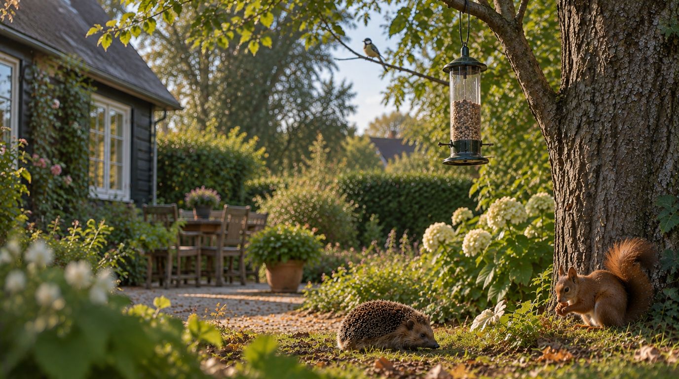 Vogel, eekhoorn en egel in de tuin
